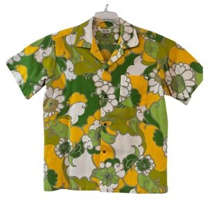 Vintage Made in Hawaii Psychedelic Floral Aloha Shirt Green Yellow 70s Mod L